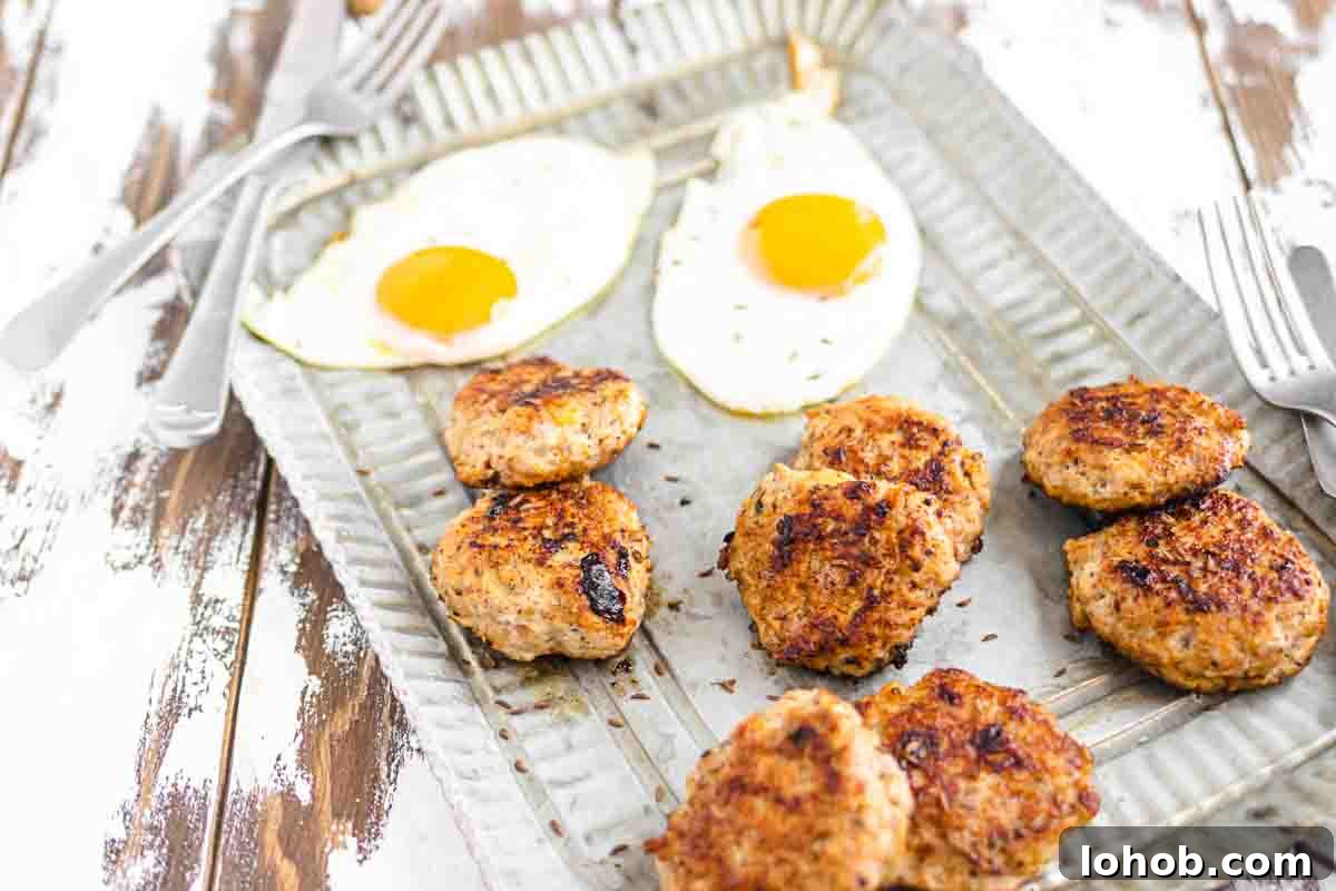 25 Morning Breakfast Ideas to Refresh Your Weekly Menu 15 A metal tray with eight browned sausage patties and two sunny-side-up eggs, with forks and knives placed nearby on a rustic wooden table.