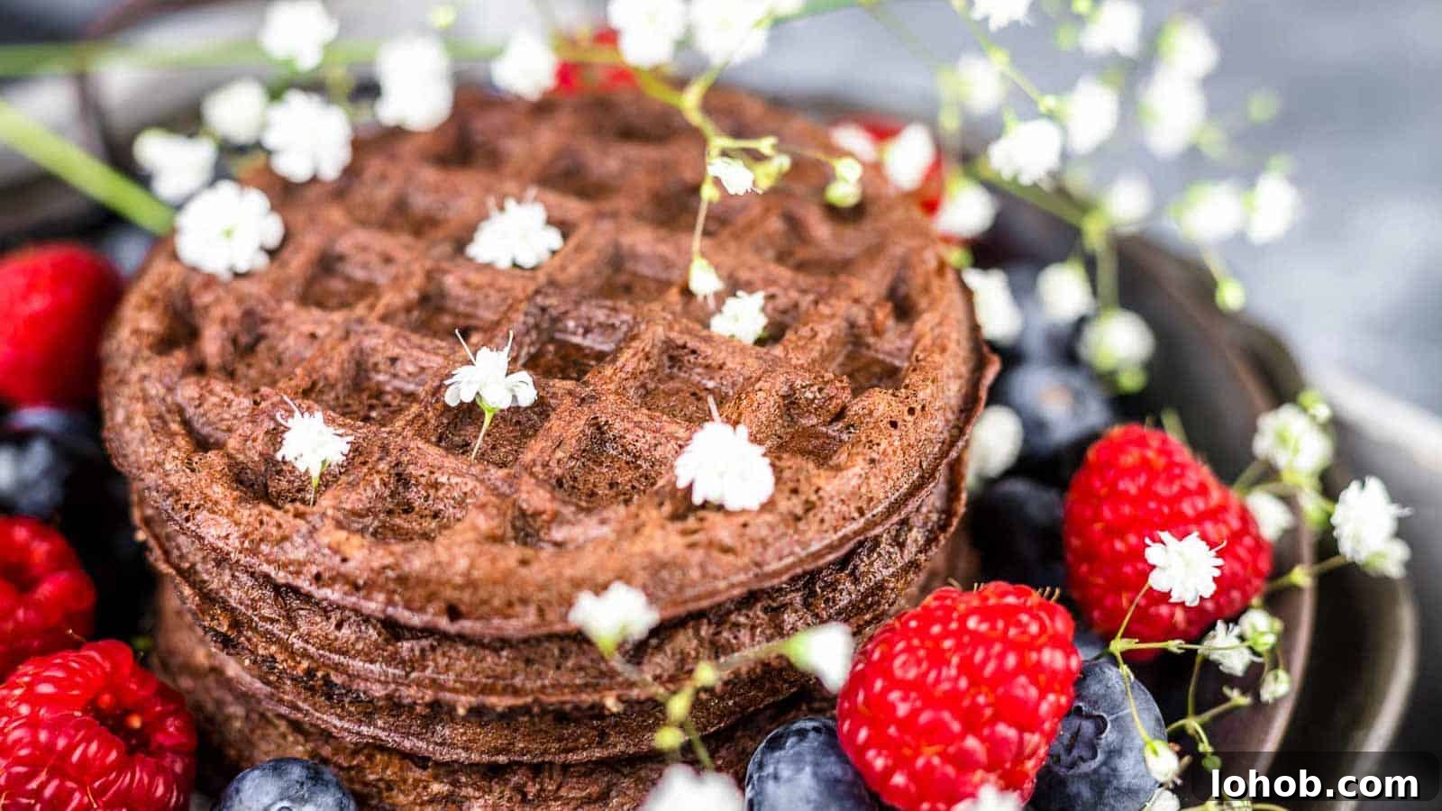 25 Morning Breakfast Ideas to Refresh Your Weekly Menu 19 Chocolate Chaffle with white flowers.