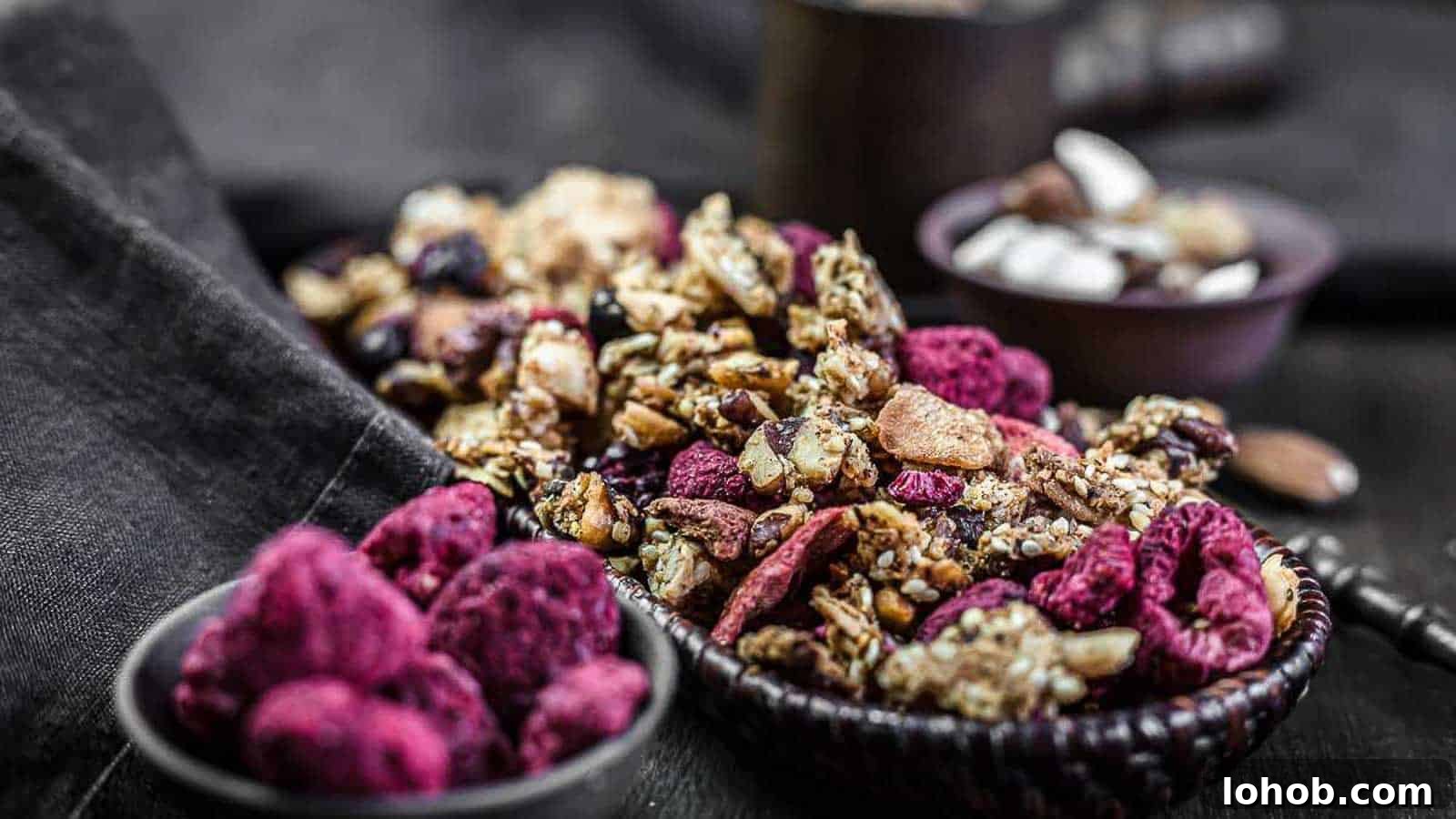 25 Morning Breakfast Ideas to Refresh Your Weekly Menu 21 Muesli Granola with dry berries inside brown basket.