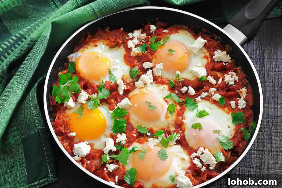 25 Morning Breakfast Ideas to Refresh Your Weekly Menu 22 A pan of shakshuka with poached eggs in tomato sauce, garnished with fresh herbs and crumbled cheese, sits on a dark table next to a green cloth.