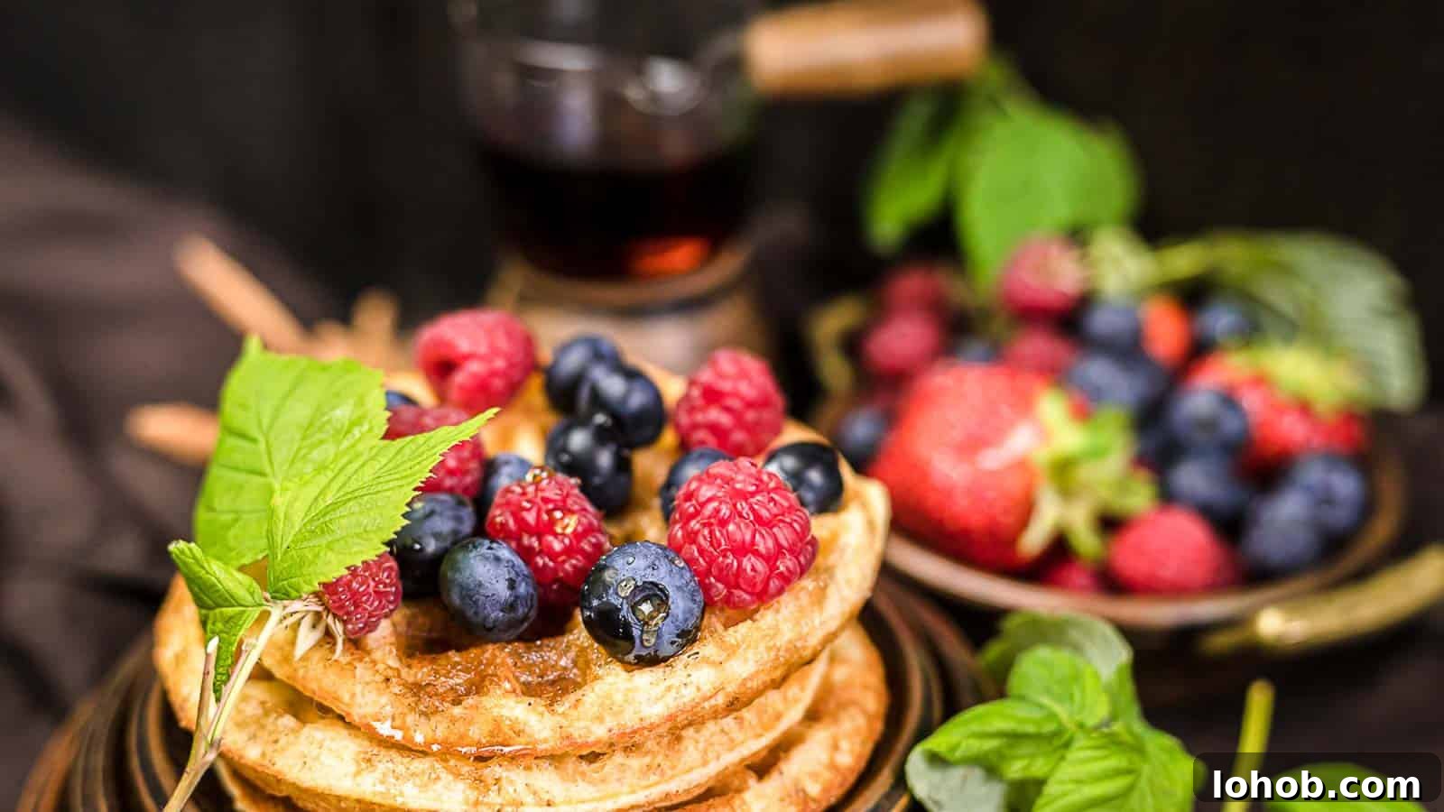 25 Morning Breakfast Ideas to Refresh Your Weekly Menu 23 Sweet Cinnamon Cream Cheese Chaffle on a plate with berries.