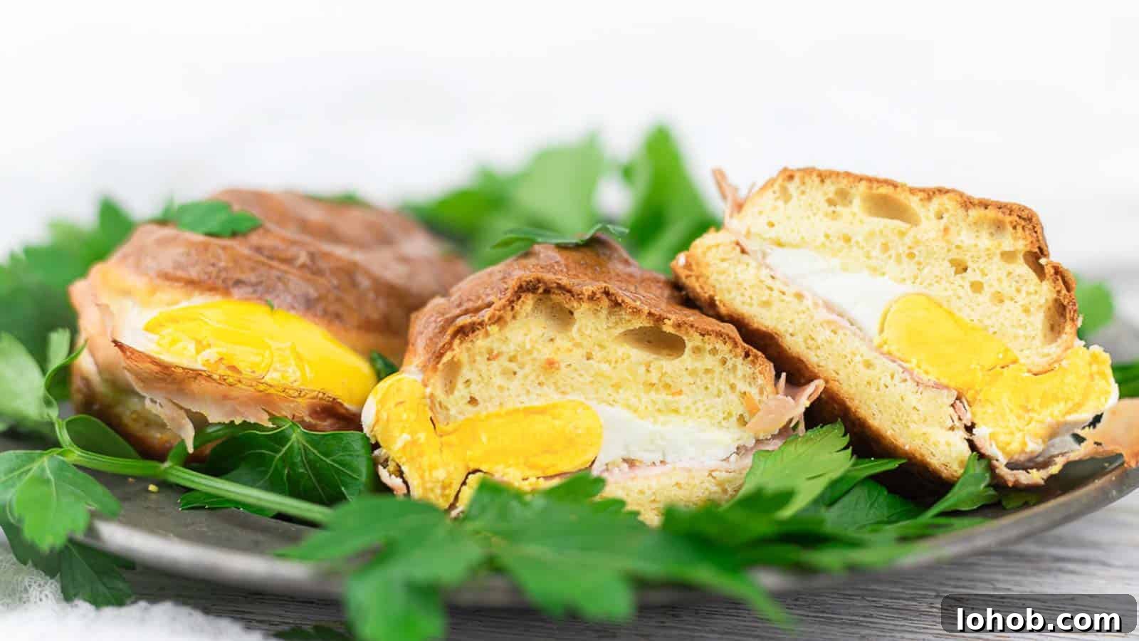 25 Morning Breakfast Ideas to Refresh Your Weekly Menu 25 Breakfast Sandwich cut in half with herbs.
