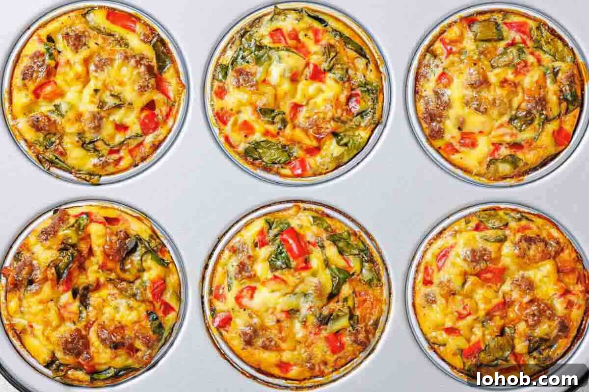 25 Morning Breakfast Ideas to Refresh Your Weekly Menu 27 Six baked egg muffins with visible pieces of sausage, spinach, and red bell peppers in a muffin tin.
