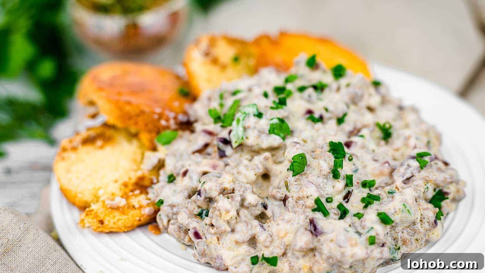 25 Morning Breakfast Ideas to Refresh Your Weekly Menu 5 Keto gravy on a plate with biscuits.