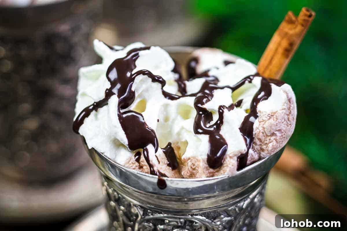 25 Morning Breakfast Ideas to Refresh Your Weekly Menu 6 A metal cup filled with whipped cream, hot chocolate, chocolate syrup, and a cinnamon stick garnish.