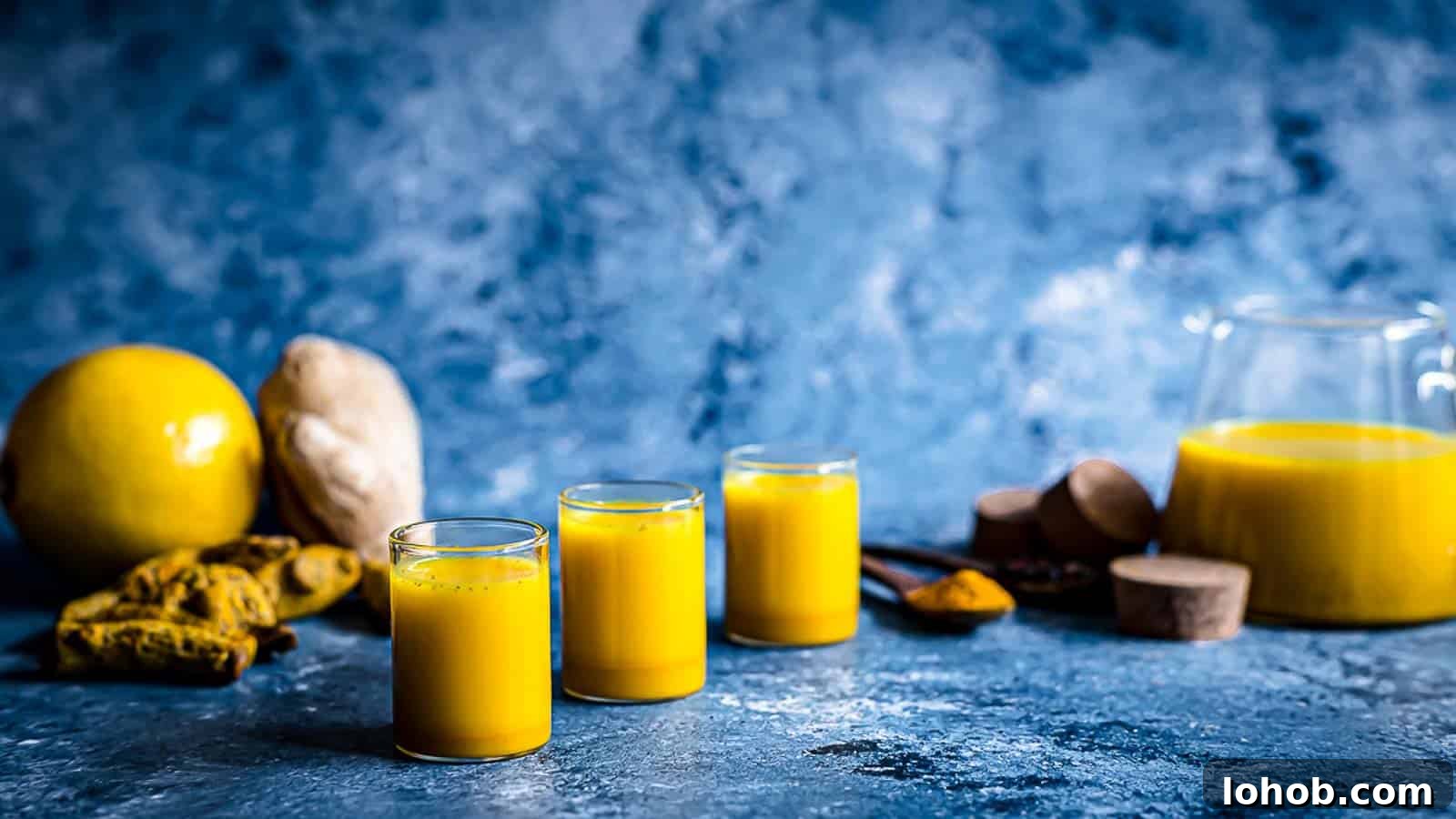 25 Morning Breakfast Ideas to Refresh Your Weekly Menu 8 Ginger Turmeric Shots on a blue board with jug behind.