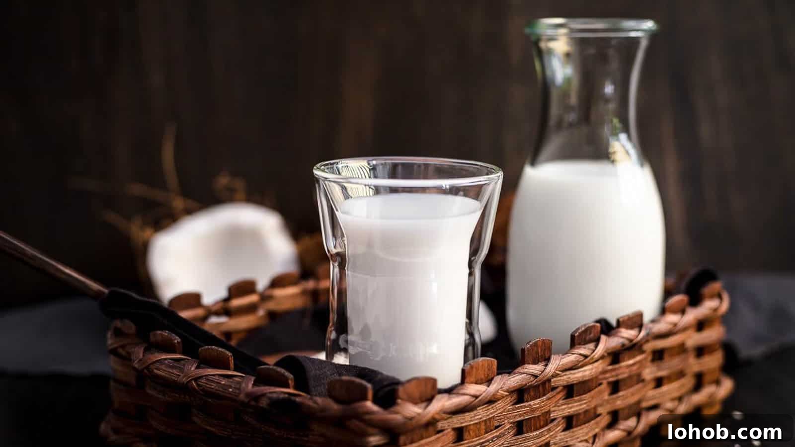 25 Morning Breakfast Ideas to Refresh Your Weekly Menu 10 Coconut Milk in a glass and jug with fresh coconut behind.