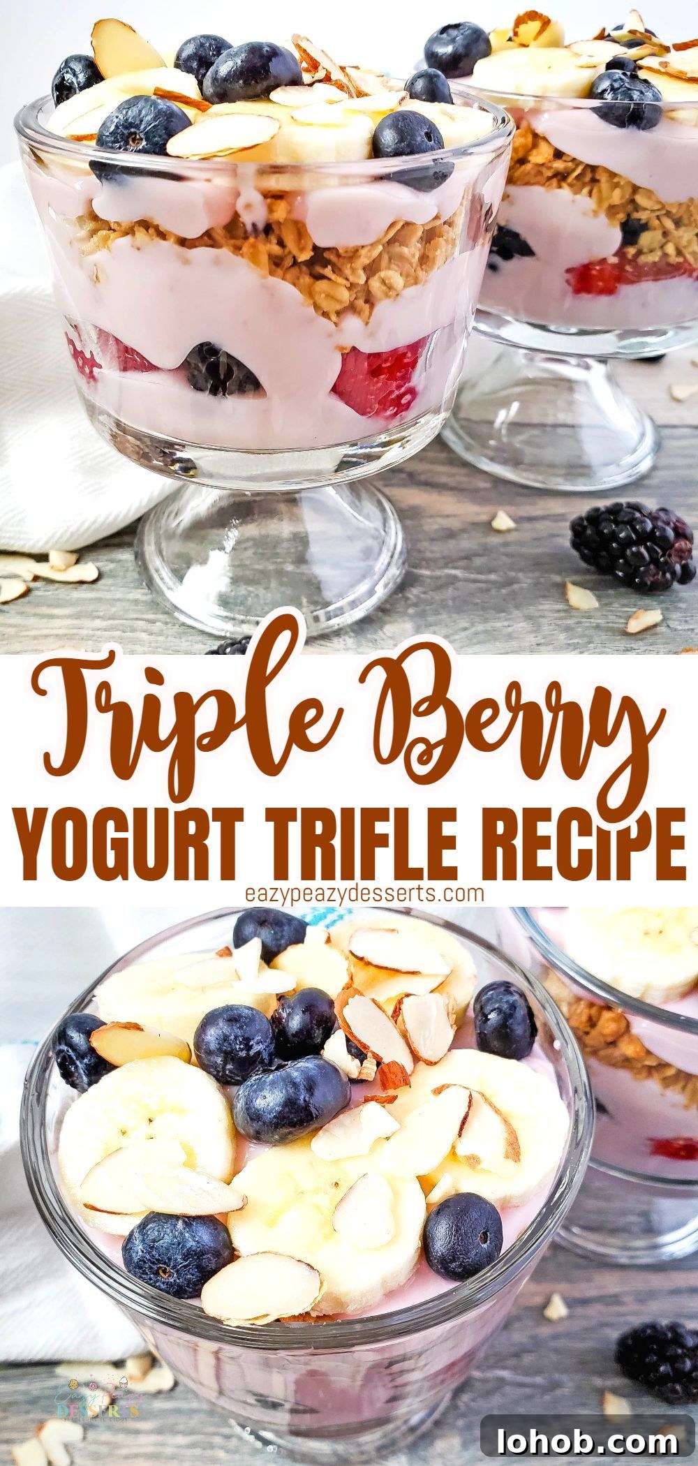 Berry Yogurt and Banana Trifle Recipe — Layered Summer Dessert 5 Photo collage of berry trifle with bananas and almonds