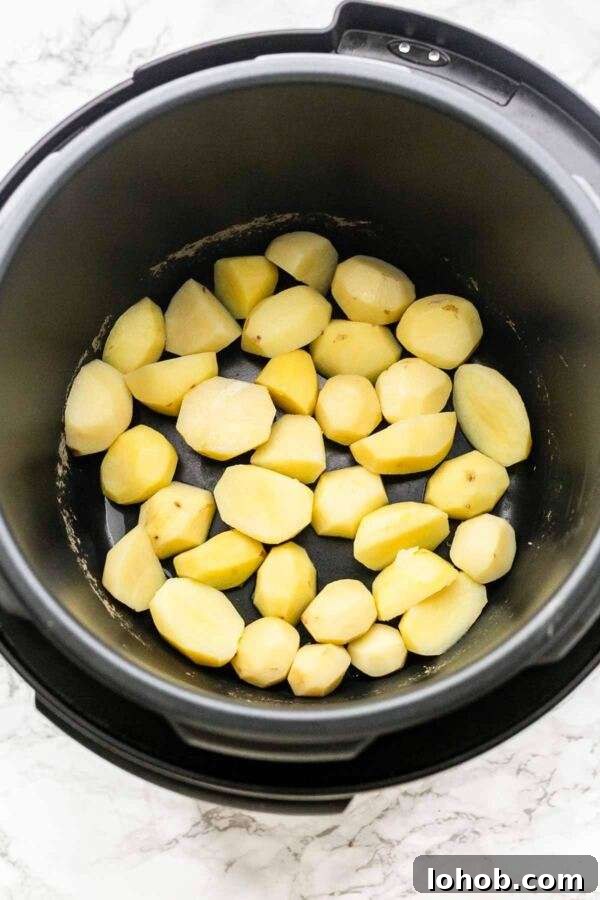 Potatoes boiled in an Instant Pot. In less than 15 minutes you have soft, steamy, and fluffy potatoes on the table.