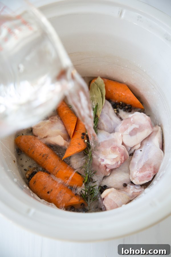 Gut-Healing Low FODMAP Chicken Stock Recipe (Gluten-Free) 5 water pouring over gluten-free chicken wings carrots herbs and peppercorns for low fodmap chicken stock in a slow cooker