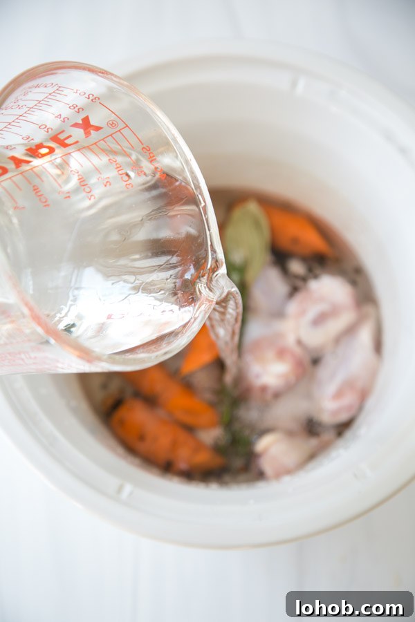 Gut-Healing Low FODMAP Chicken Stock Recipe (Gluten-Free) 6 water for gluten-free chicken stock pouring into slow cooker