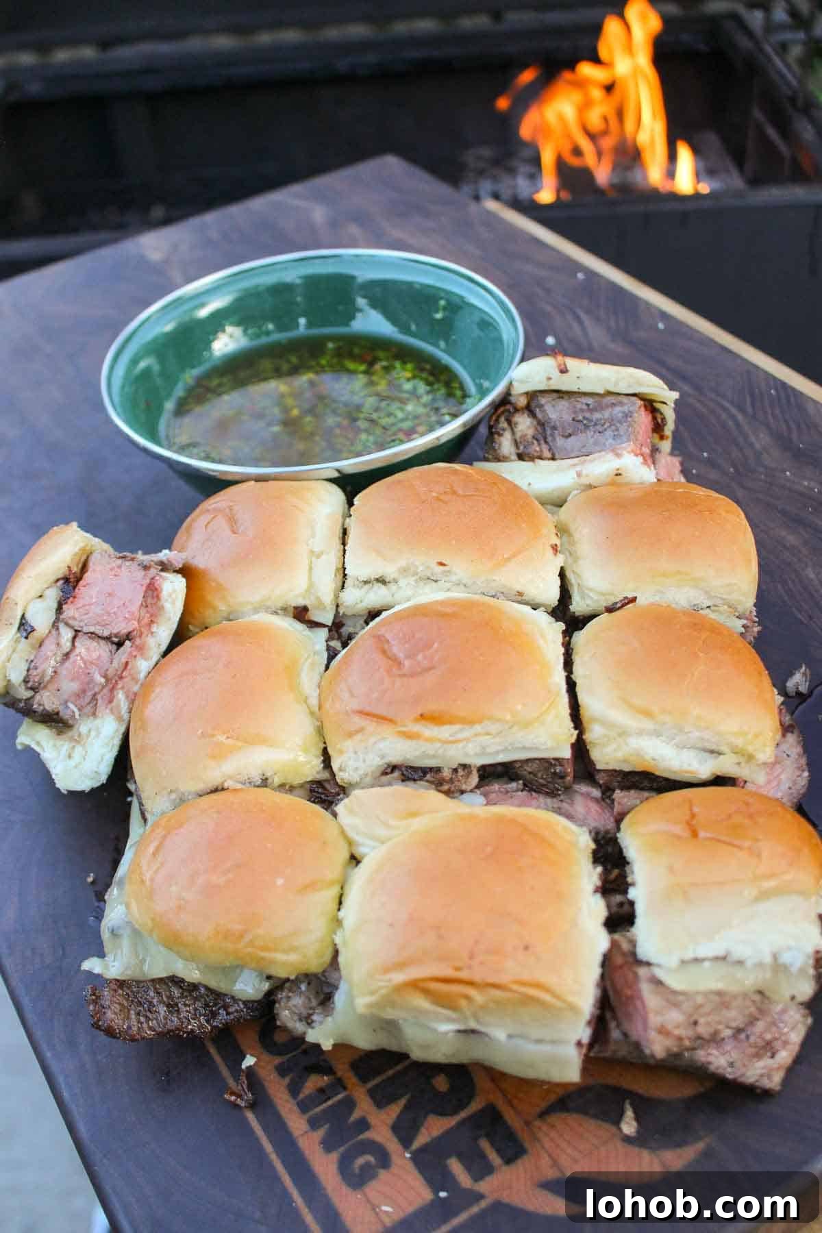 Chimichurri Steak Sliders are sliced and served up. 
