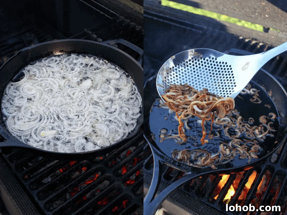 The shallots are fried in oil until crispy. 
