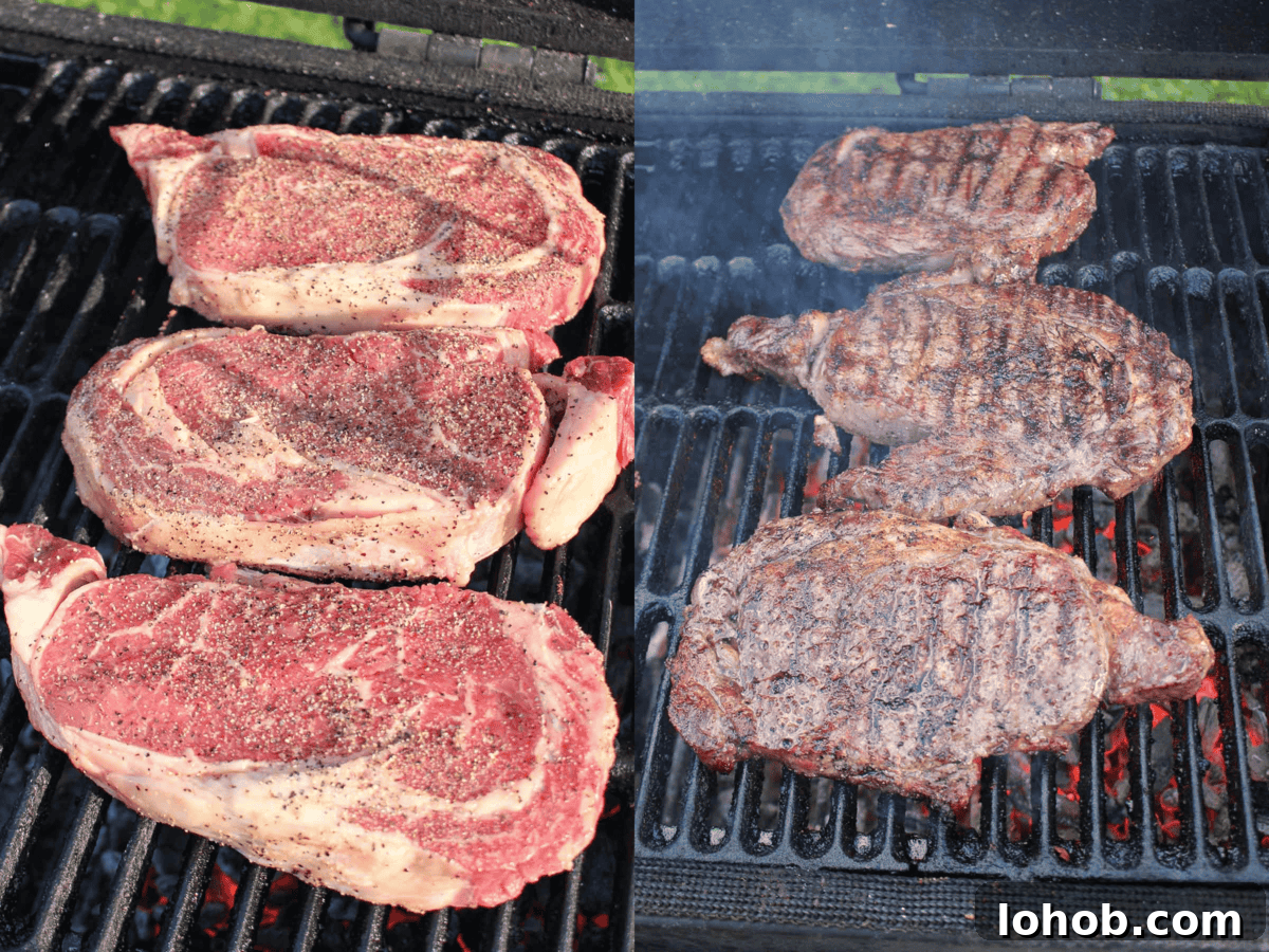 The ribeye steaks are grilled to perfection. 