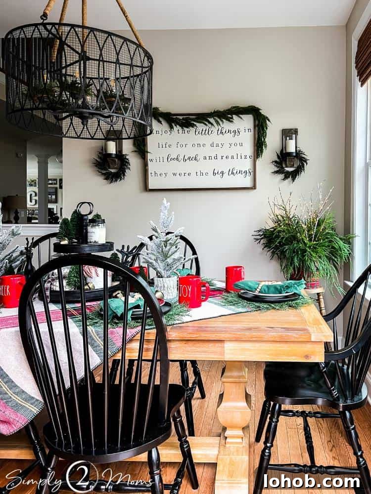 kitchen decorated for Christmas in classic colors and style
