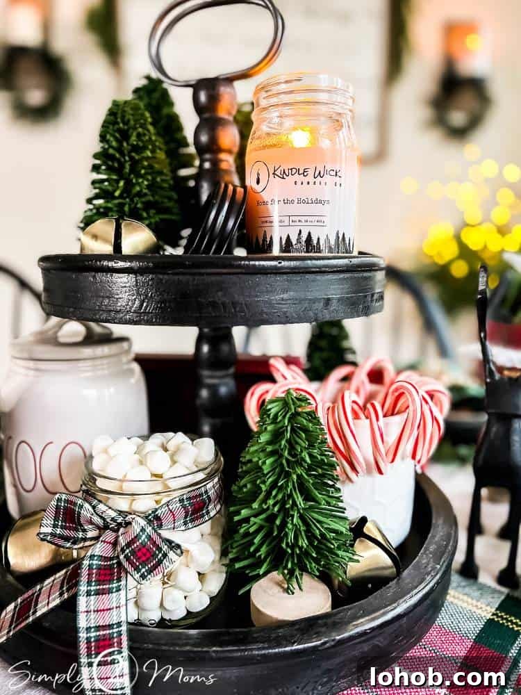 tiered wood tray set with hot coco bar supplies