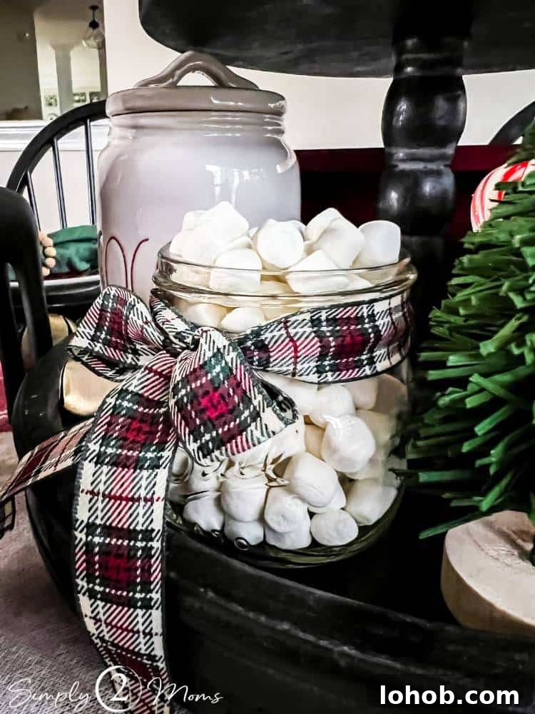 mini marshmallows in mason jar with ribbon tied around top