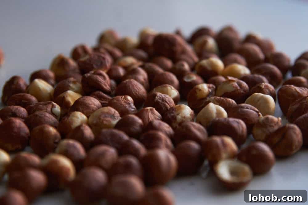 Crunchy Candied Hazelnuts Recipe for Snacks & Gifts 3 Raw hazelnuts on a baking sheet.