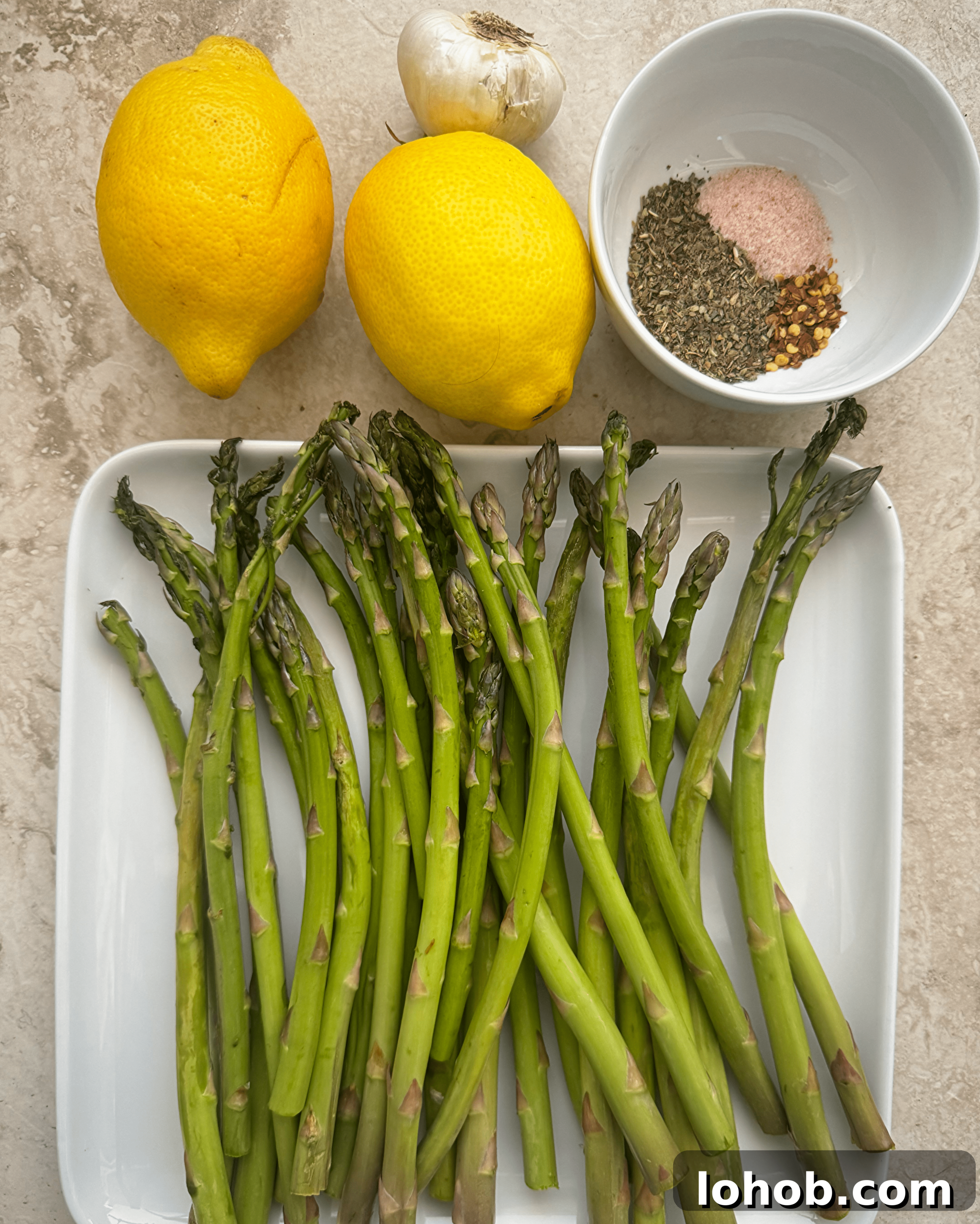 collage of ingredients for overhead shot of cooked close up shot of Slow Cooker Lemon Garlic Asparagus