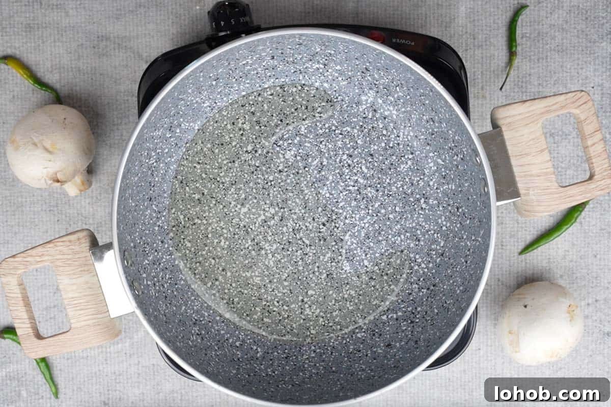 Oil heating in a pan.