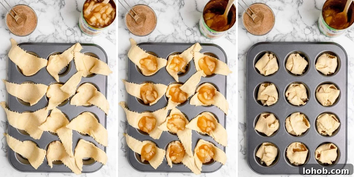 Mini Apple Pie Bites: Crispy Cinnamon Handheld Pastry Recipe 4 overhead of crescent roll dessert being prepared