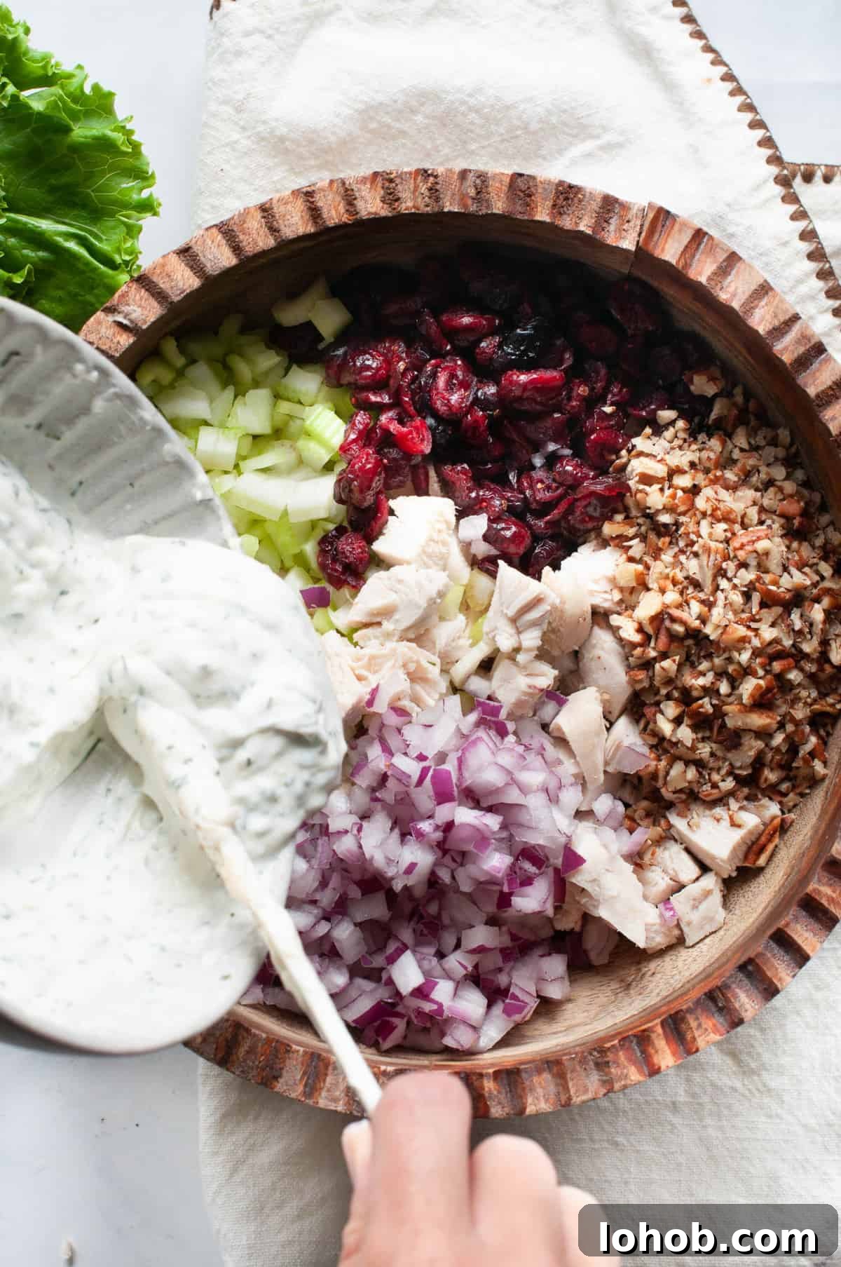 Cranberry Pecan Chicken Salad Recipe for Fresh, Crunchy Lunch 5 making healthy chicken salad