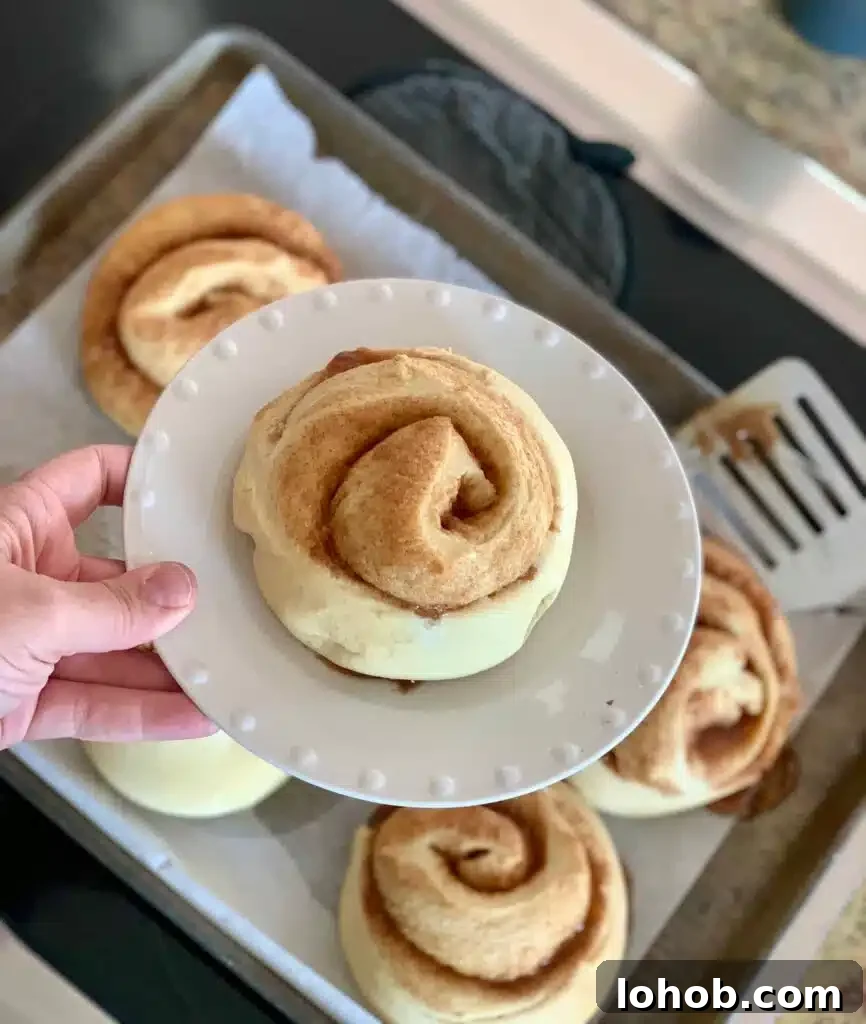 Soft Gooey Cinnamon Rolls Recipe for Perfectly Fluffy Layers 14 A baked cinnamon roll is held on a plate over a pan of large unfrosted cinnamon rolls.