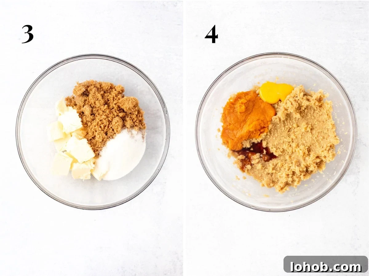 Bowl of butter and sugars and bowl of butter and sugars creamed together with pumpkin, egg yolk and vanilla added. 