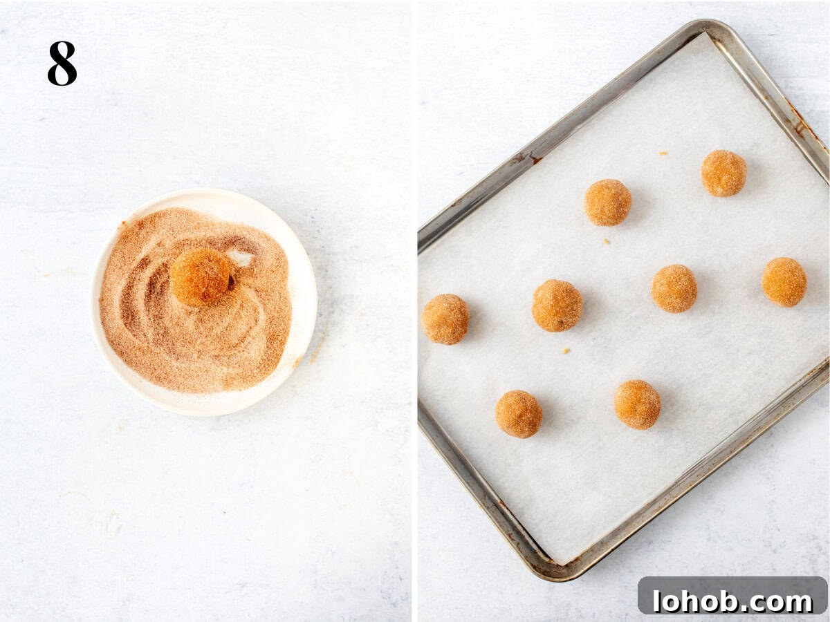 Pumpkin spice cookie dough ball rolled in cinnamon sugar, and lined baking tray of pumpkin spice cookies