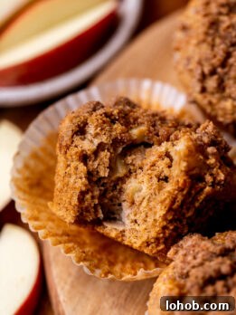 Moist Apple Muffin Recipe with Cinnamon Streusel 11 Bite missing from apple muffins.
