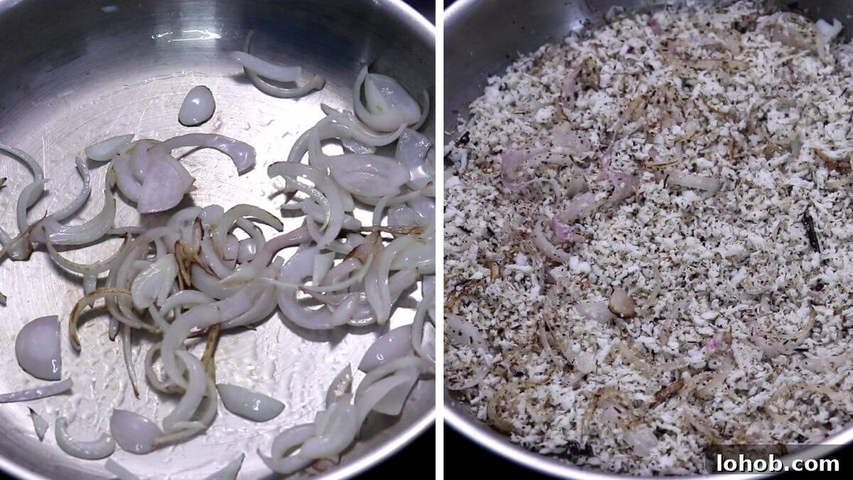 Roasting onion and coconut in a pan for Goan curry paste.