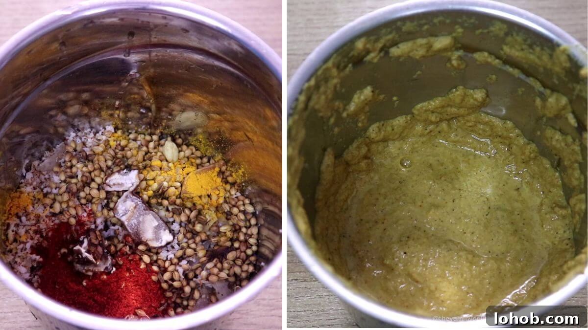 Grinding roasted coconut and spices into smooth masala.