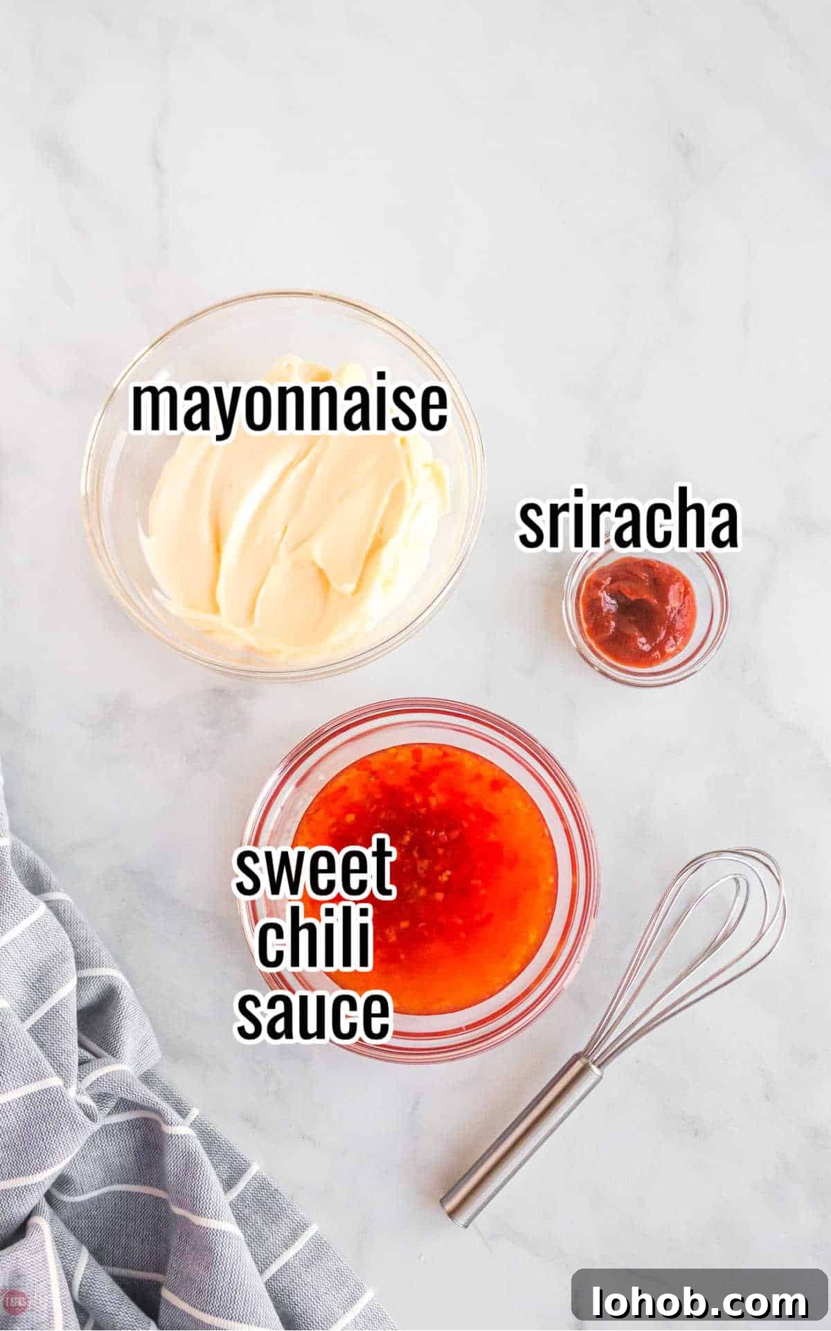 ingredients for spicy sauce with text overlay labeling them