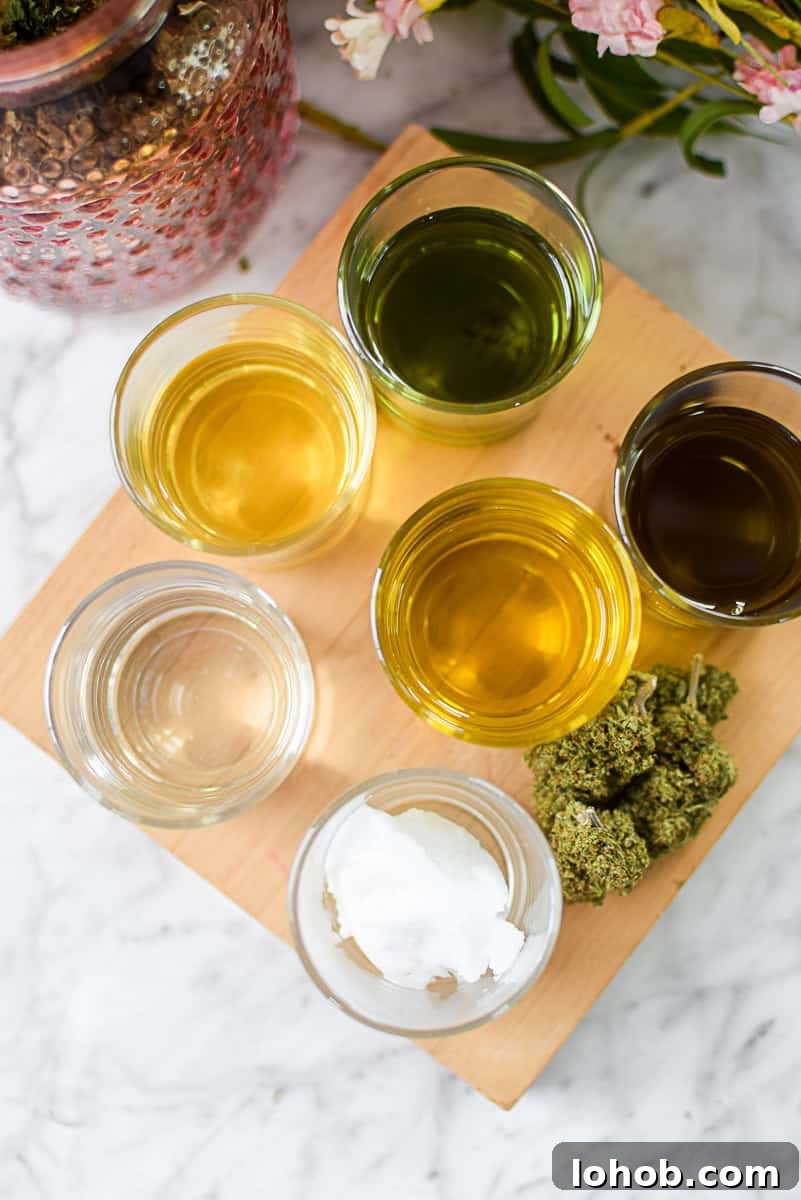 A picture of several different types o cannabis oil.