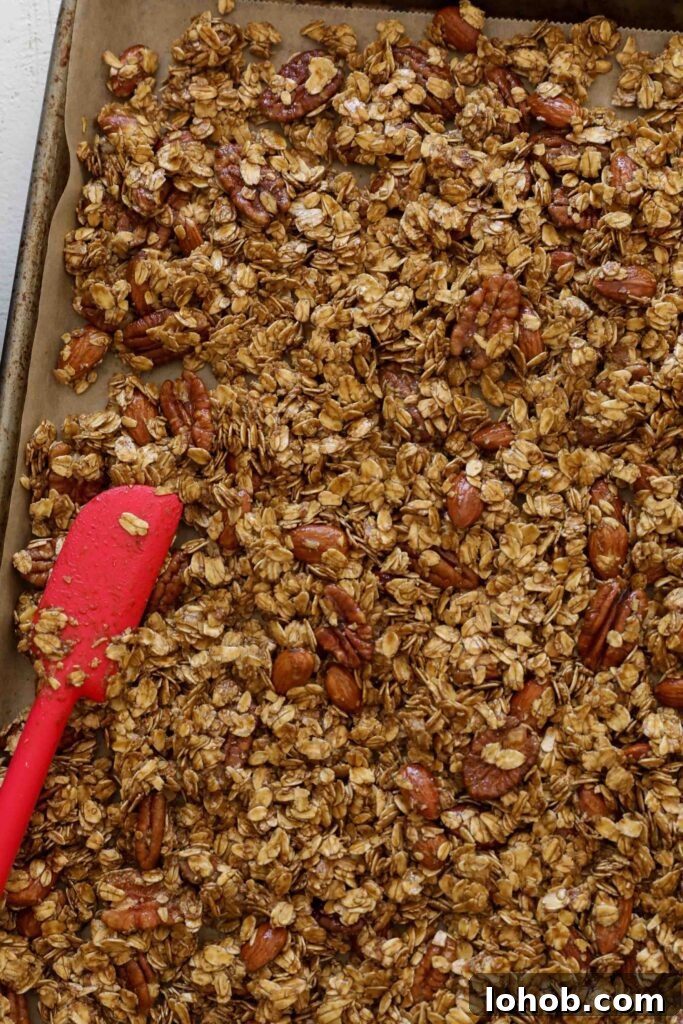 SunButter Gingerbread Granola spread onto a parchment lined baking sheet by Flora & Vino