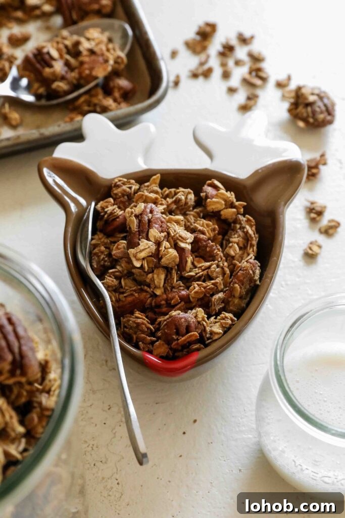 SunButter Gingerbread Granola served in a bowl with a spoon by Flora & Vino