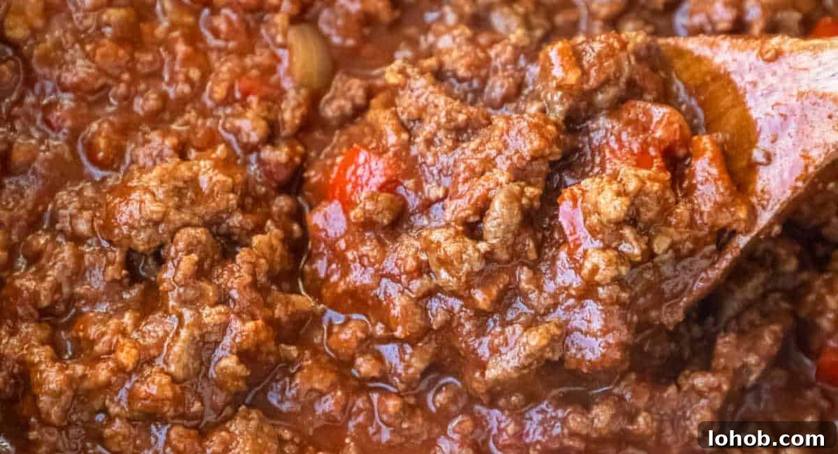 Up close image of slow cooker sloppy joe meat recipe.