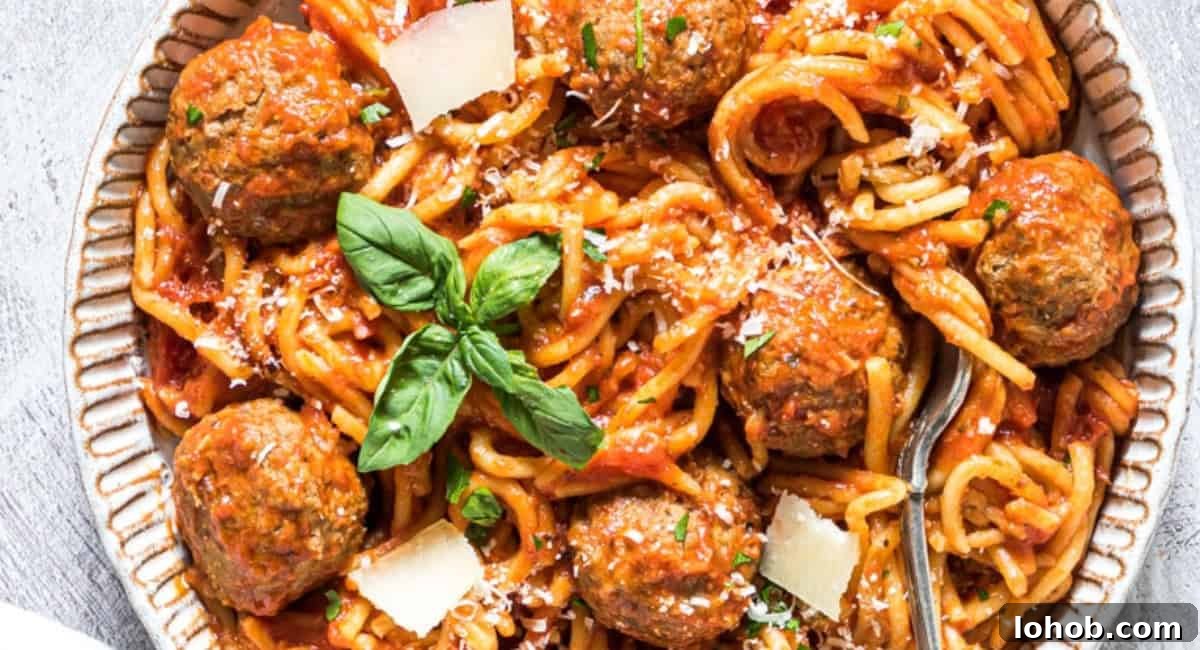 Overhead image of crockpot spaghetti and meatballs.