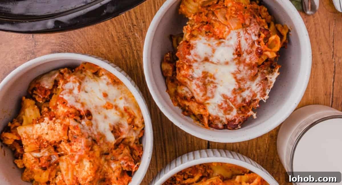 Overhead image of crock pot baked ziti.