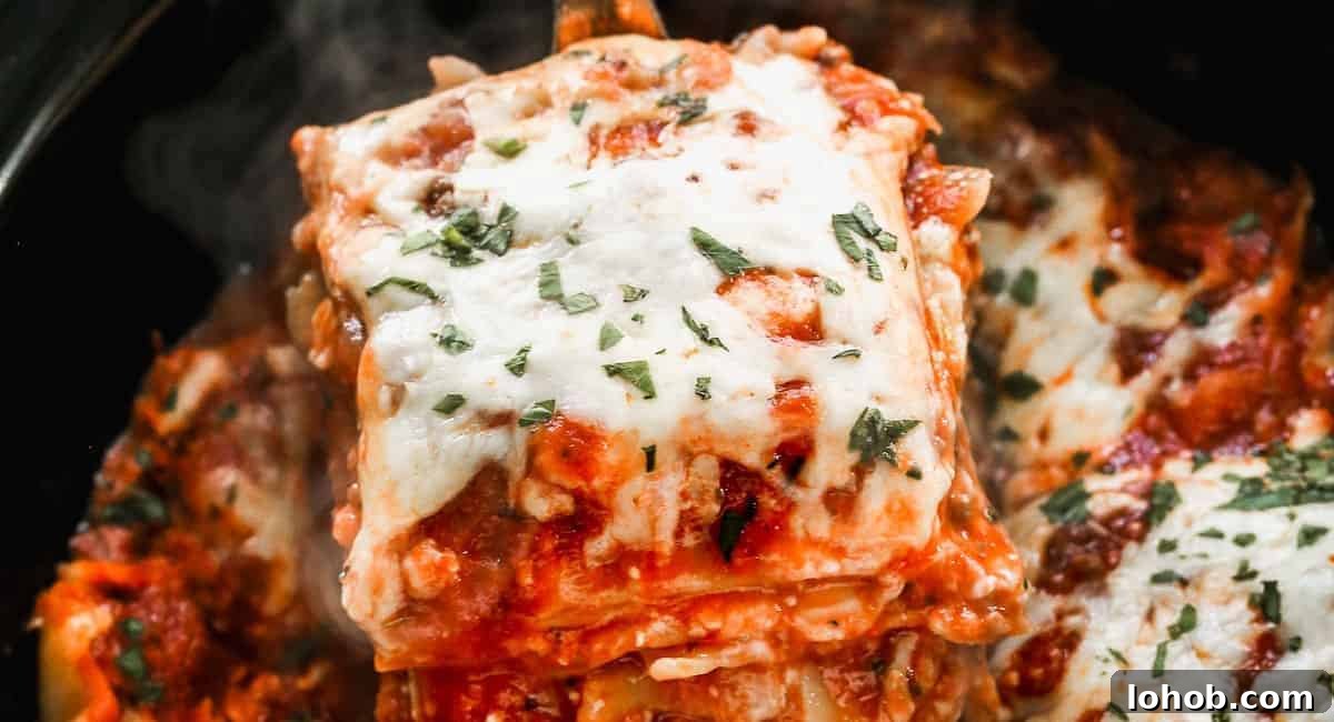 Up close image of slow cooker lasagna.