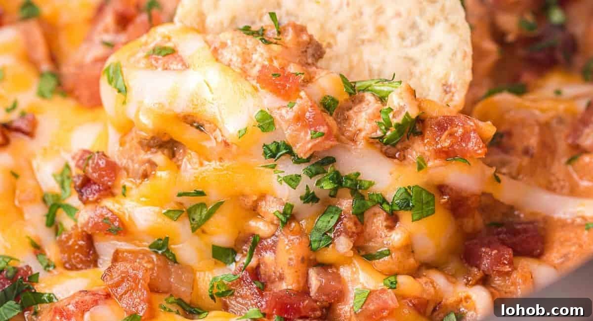 Up close image of slow cooker cheeseburger dip.