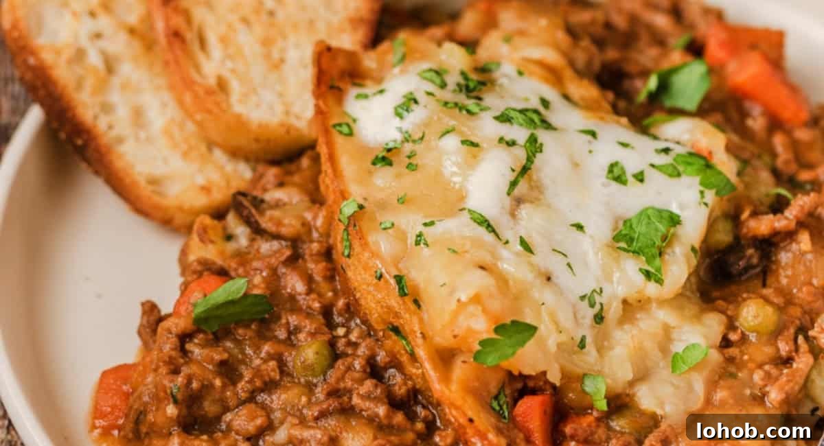 Overhead image of slow cooker cottage pie recipe.