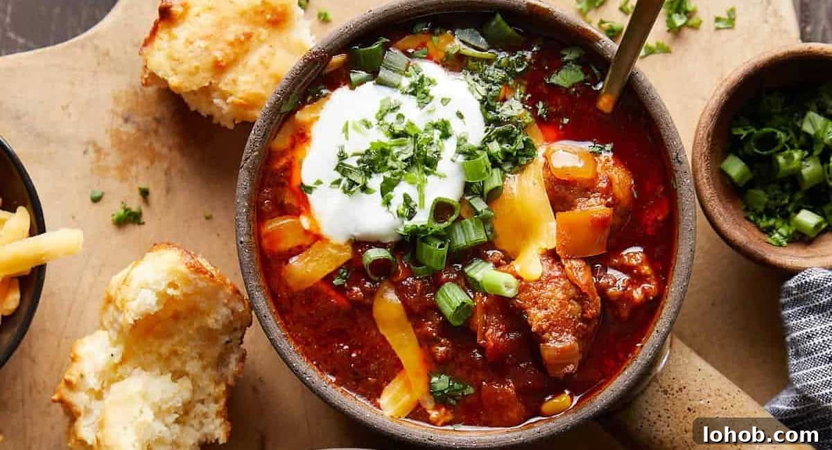 Overhead image of slow cooker no bean chili with garnish.