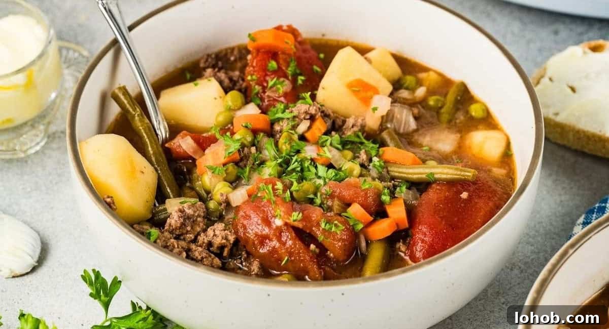 Overhead image of slow cooker poor man's stew.