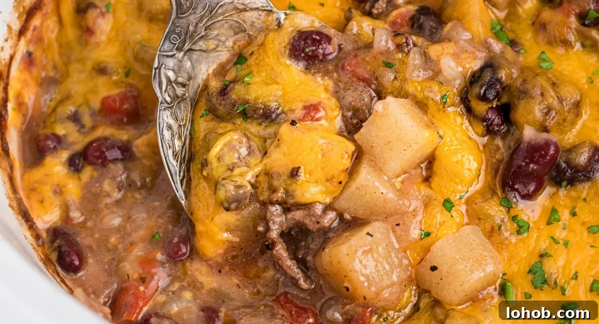 Overhead image of slow cooker lumberjack casserole.