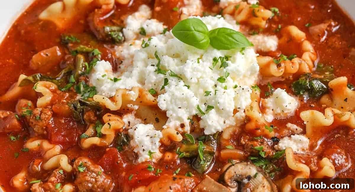Overhead and up close image of slow cooker lasagna soup with garnish.