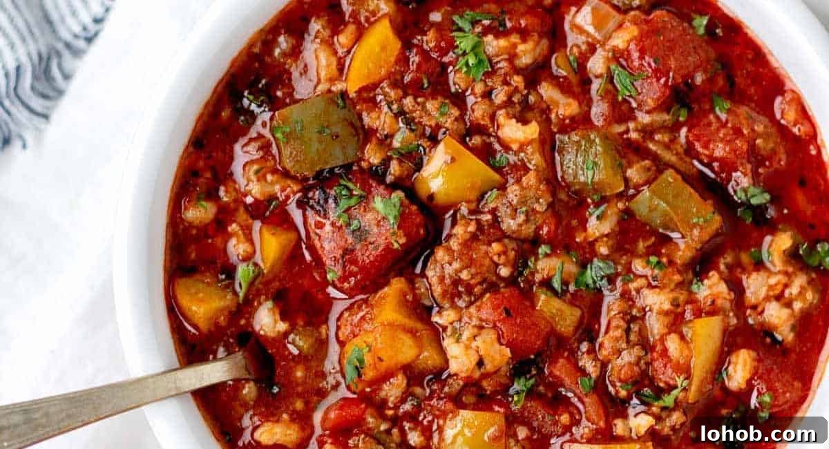 Overhead image of slow cooker stuffed pepper soup.