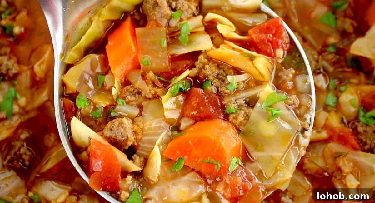Up close image of slow cooker cabbage roll soup.