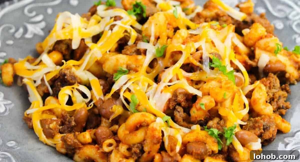 Up close image of crock pot chili mac and cheese.