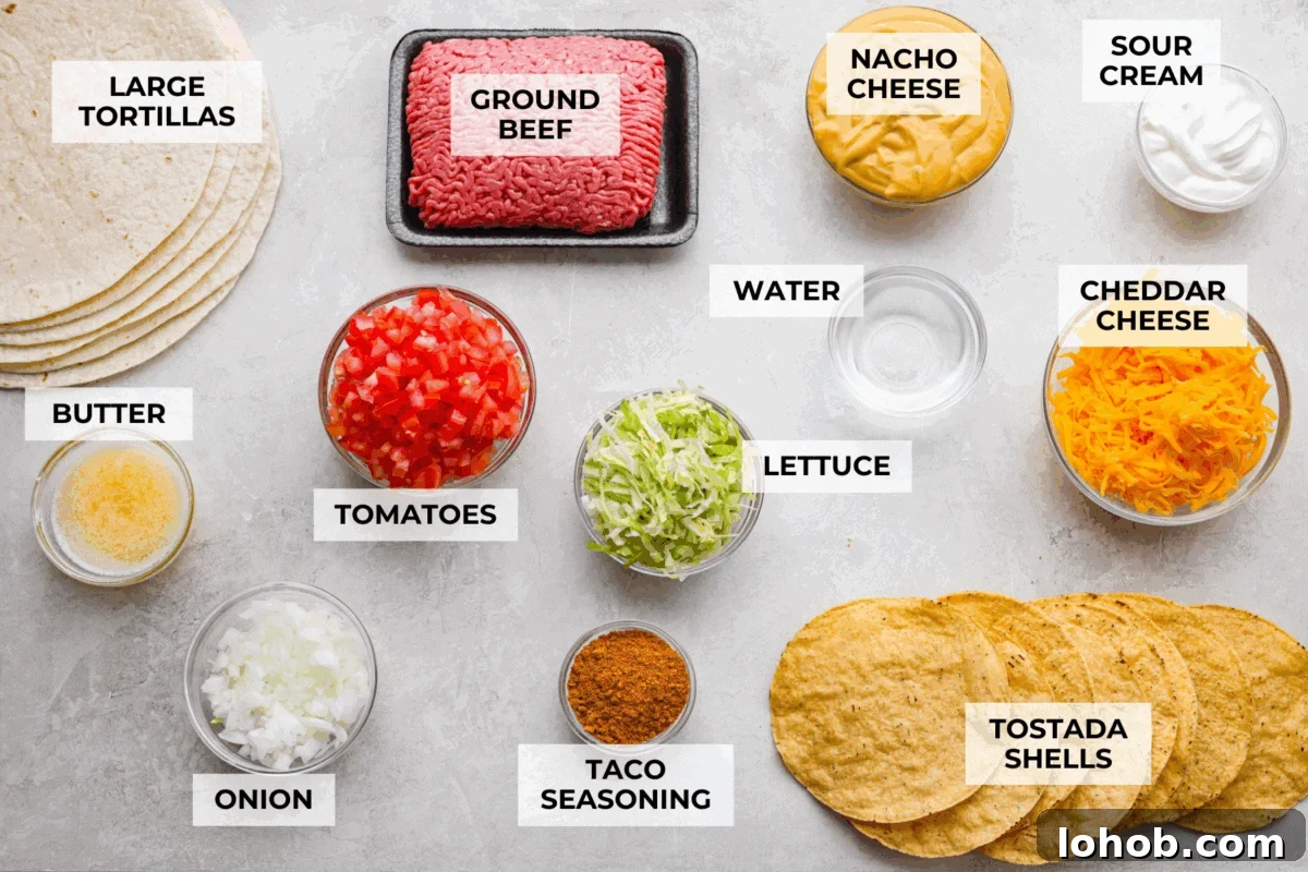 Overhead shot of labeled crunchwrap casserole ingredients.
